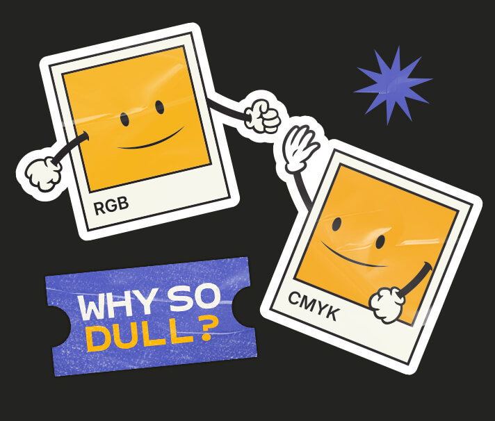 Illustrated RGB and CMYK colour swatch mascots with design stickers representing the difference between RGB and CMYK