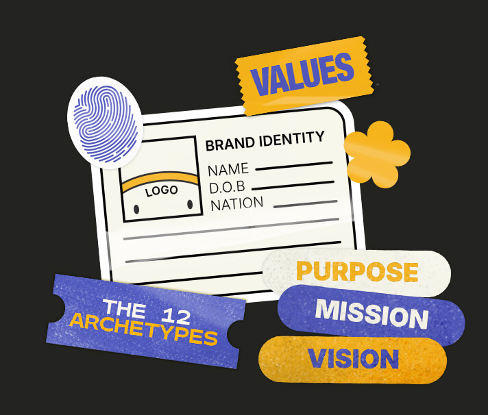 Logo mascot ID card with branding stickers representing the elements of a brand identity