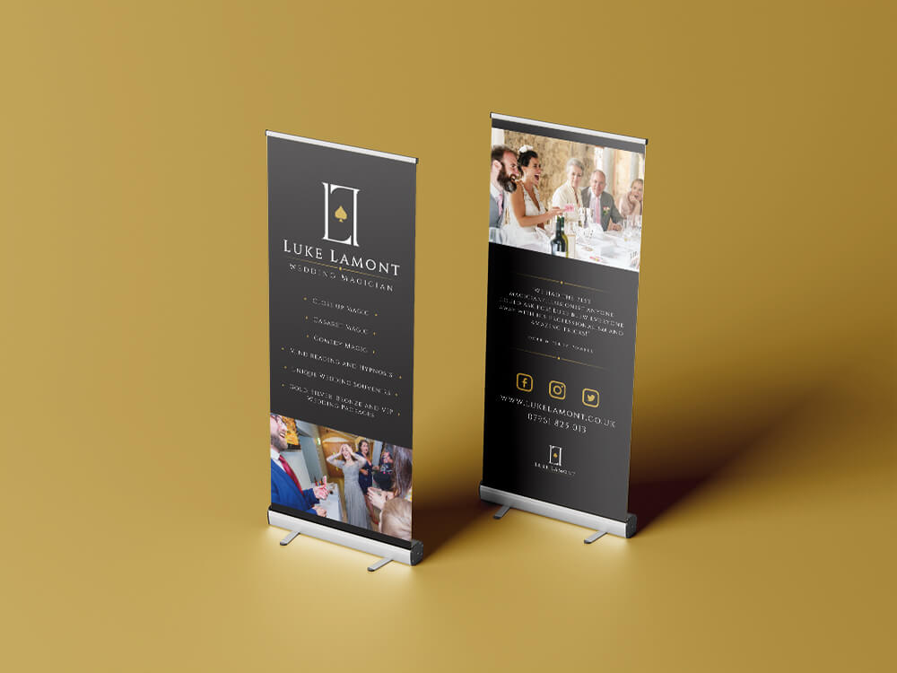 Roller banner designs for Isle of Wight magician Luke Lamont showcasing black and gold branding