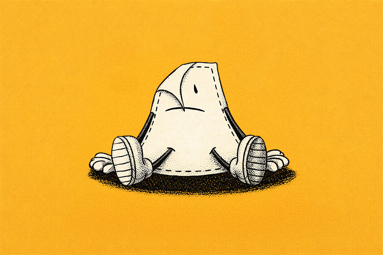 Illustration of a sad paper mascot character with a dotted bleed line representing why print artwork needs bleeds