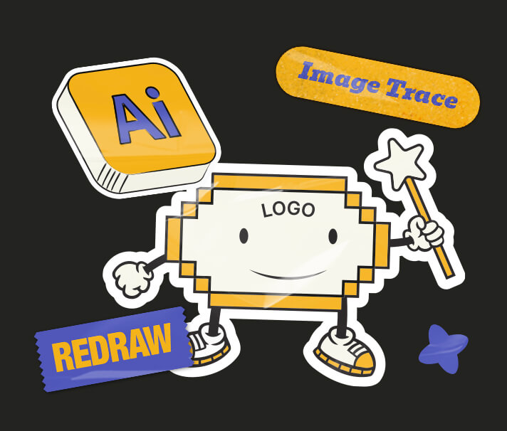 Pixelated logo mascot with Adobe Illustrator stickers representing raster to vector logo conversion