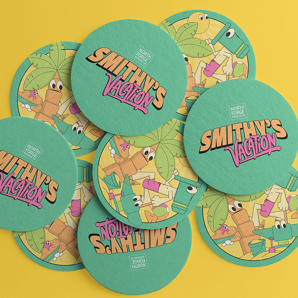 Beer mat design for Smithy's Vacation featuring illustrated craft beer branding