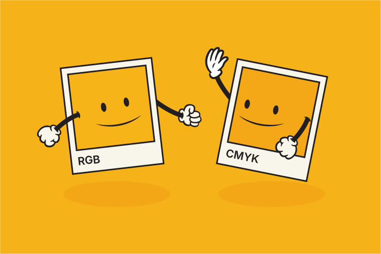 Illustration of RGB and CMYK colour swatch characters representing RGB and CMYK explained for designers