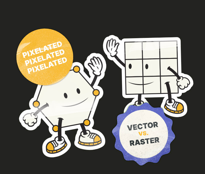 Vector and raster mascot stickers giving a high five representing the difference between vector and raster graphics