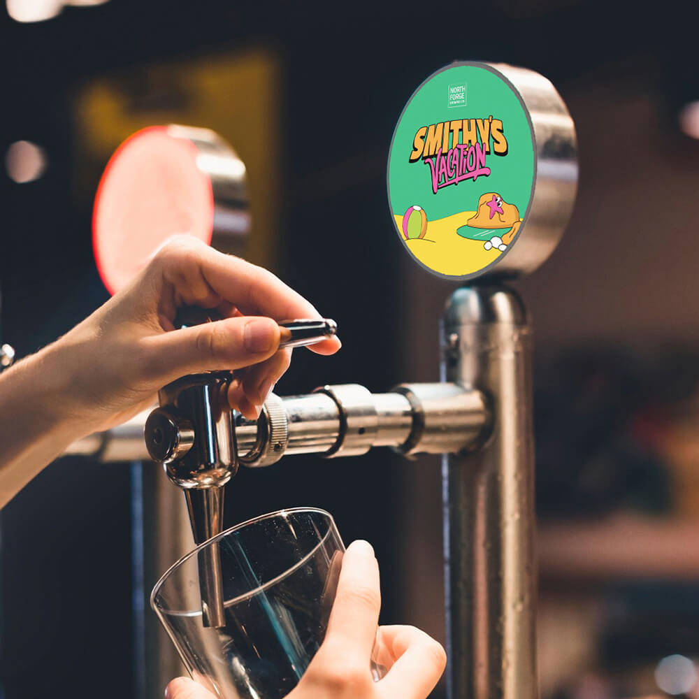 Beer pump clip design for Smithy's Vacation featuring illustrated craft beer branding