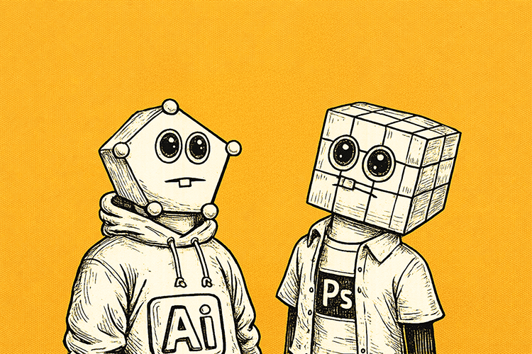 Cartoon illustration of vector and raster characters on a yellow background