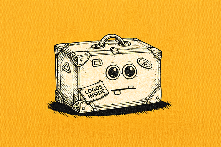 Cartoon illustration of a suitcase character representing a logo suite in brand design