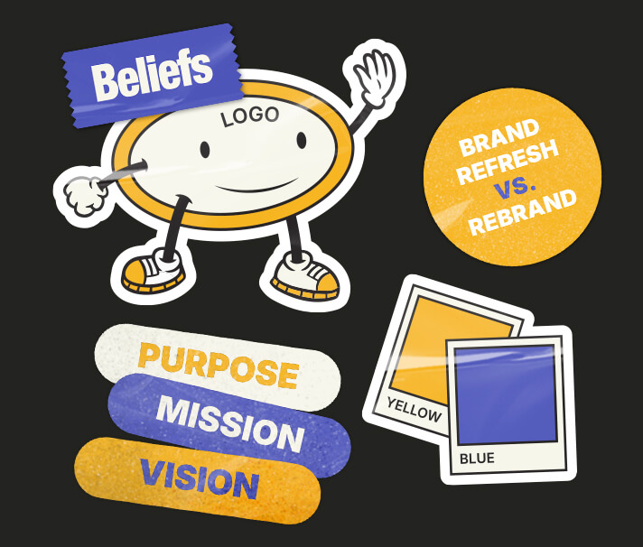 Logo and branding stickers representing the difference between a brand refresh and a rebrand