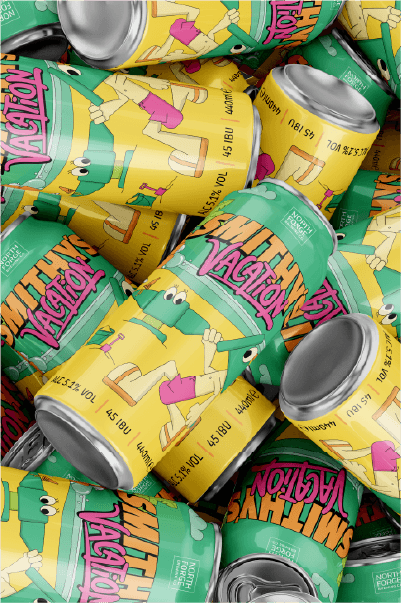 Stack of Smithy's Vacation beer cans showcasing colourful craft beer graphic design and branding