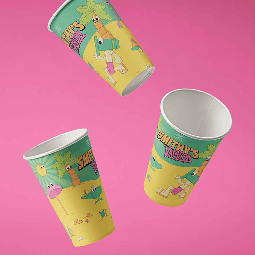 Printed disposable cup for Smithy's Vacation featuring illustrated craft beer branding
