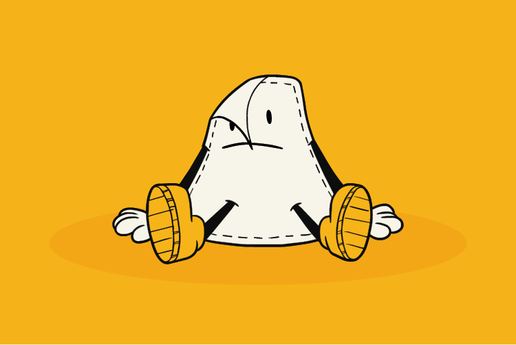 Illustration of a sad paper mascot character with a dotted bleed line representing why print artwork needs bleeds