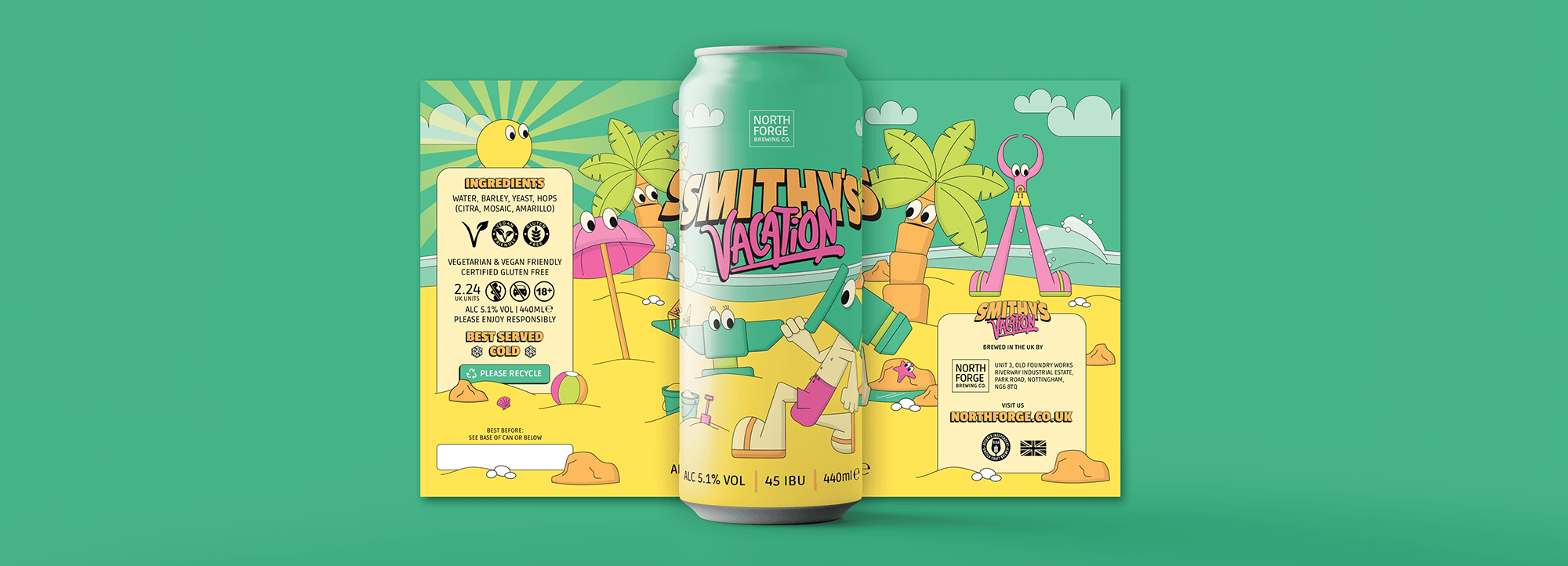 Beer can design for Smithy's Vacation showing full illustrated craft beer branding