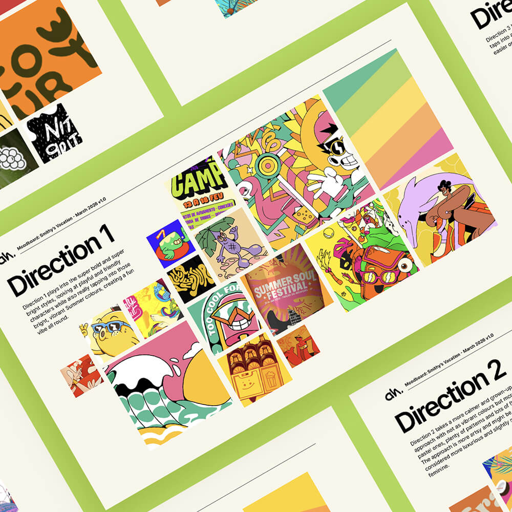 Moodboard for the Smithy's Vacation brand design featuring colours, typography and illustration inspiration