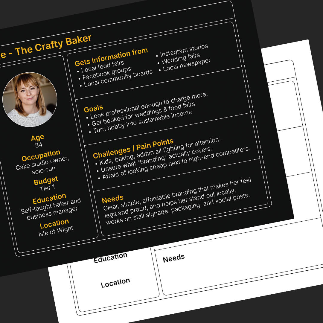 Illustrated Target Audience Profile Tool showing an editable marketing persona template and completed example