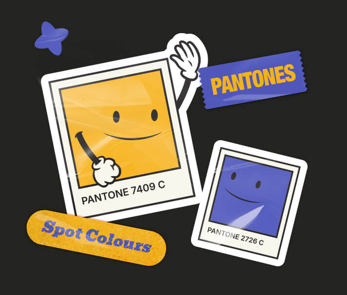 Illustrated Pantone colour stickers representing what Pantone colours are in graphic design