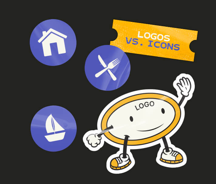 Logo mascot and icon stickers representing the difference between logos and icons in brand design