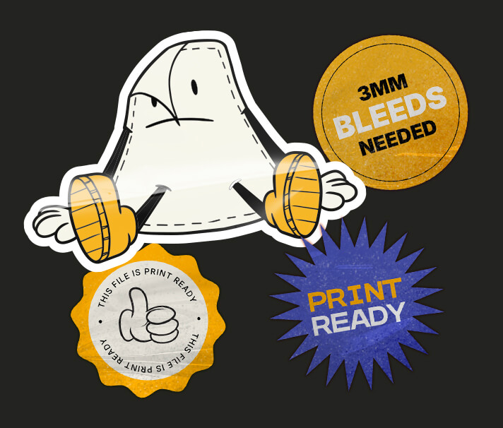 Cartoon paper mascot with bleed lines and print stickers representing print artwork bleeds