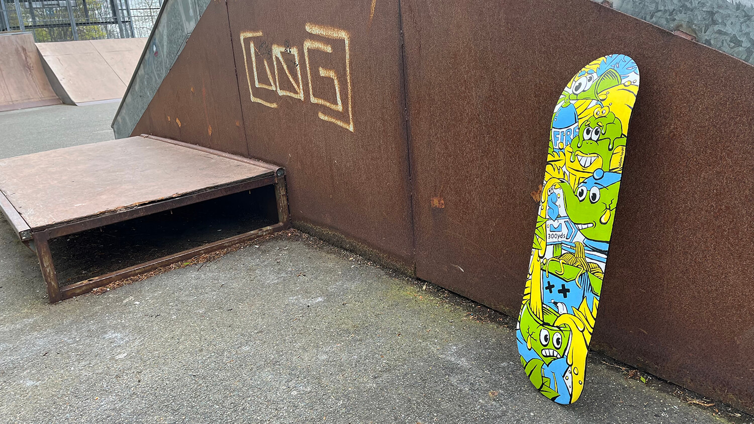 Skateboard displayed at Freshwater Skatepark on the Isle of Wight before the charity auction
