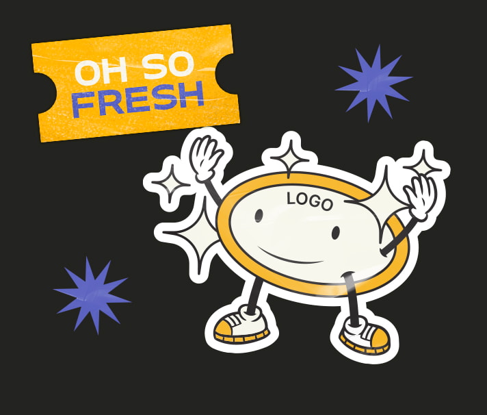 Sparkly logo mascot with refresh stickers representing when to get a brand refresh