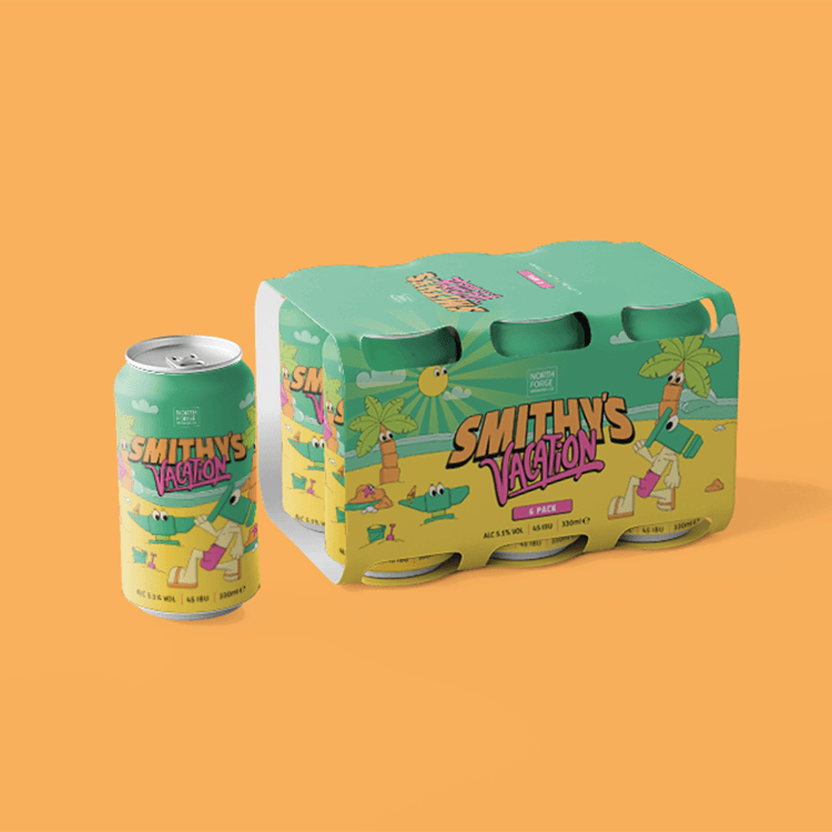 Multipack box design for Smithy's Vacation featuring six tropical IPA craft beers