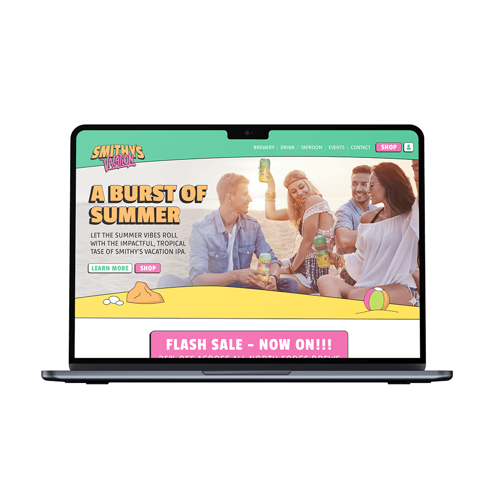 Website UI graphics for Smithy's Vacation displayed on a laptop with a transparent background