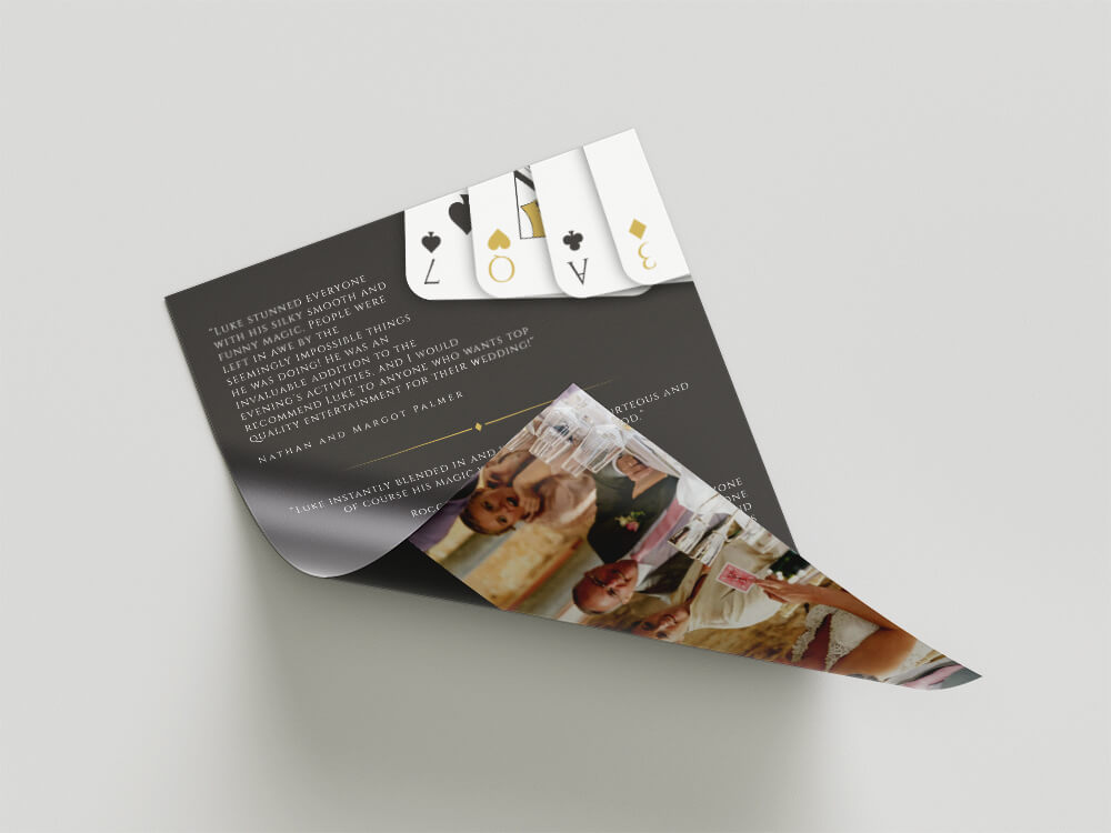 A5 flyer design for Isle of Wight magician Luke Lamont showcasing black and gold branding